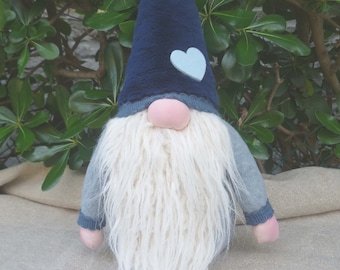 Shabby-chic blue gnome with heart on the hat, wedding gift gnome, Swedish Tomte,Nordic Nisse,Scandinavian Tomte, Christmas nordic blue gnome
