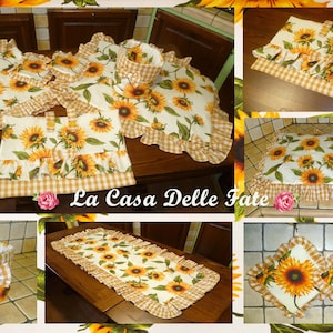 Country sunflowers kitchen set coordinate, oven cover, cook top cover, runner, potholders, oven glove, coffee pod holder, kitchen towel