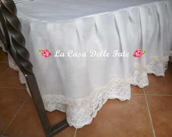 Custom shabby-chic ruffled linen bedskirt with lace, king bedding, bed skirt with frills, white bed dress up with lace, wedding bed