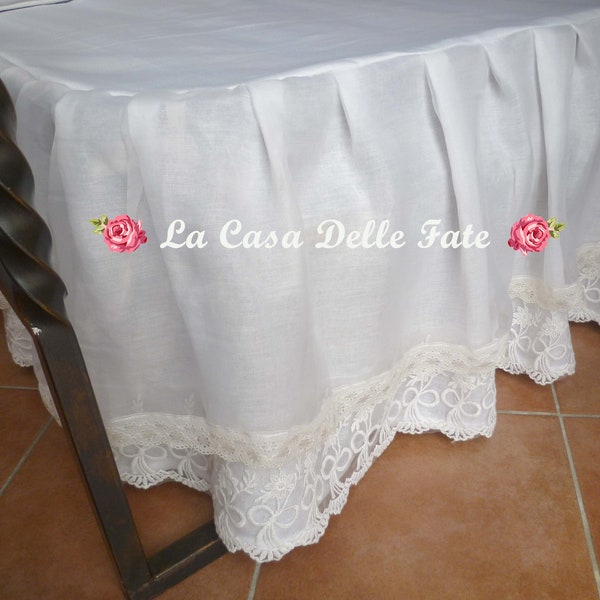 Custom shabby-chic ruffled linen bedskirt with lace, king bedding, bed skirt with frills, white bed dress up with lace, wedding bed