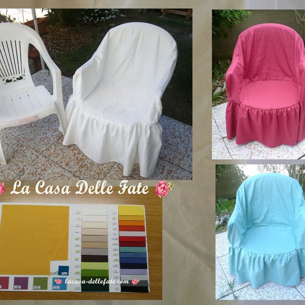 Housse de chaise blanche ou colorée avec volant pour chaise en plastique avec accoudoirs de jardin, housse de chaise avec jupe pour cérémonies de mariage