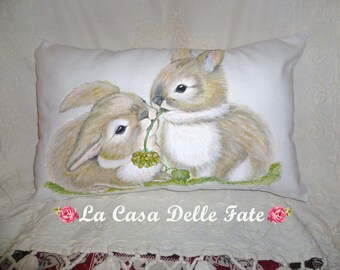Cojín de conejito de Pascua, pintura sobre tela, cojín lumbar con conejos, conejitos pintados sobre tela, funda de almohada, decoraciones de Pascua