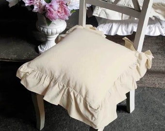 Custom Linen chair cushion cover, seat cushion with frill, shabby-chic chair pillow with volant, ruffled white linen chair pillow cover