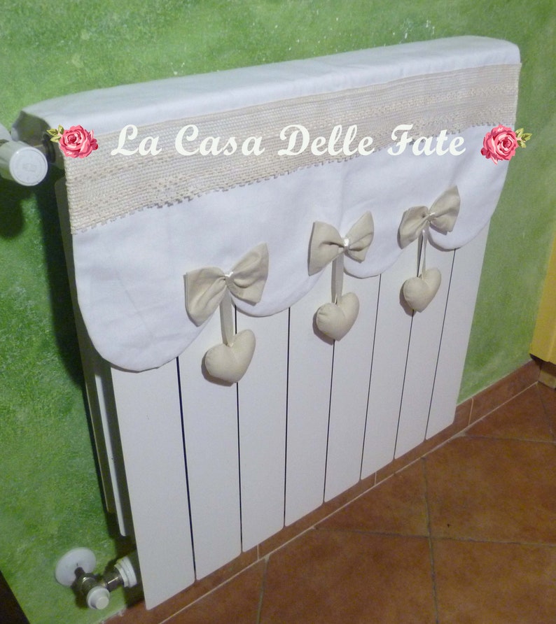 Shabby-chic radiator cover wave cut with bows and hanging hearts, white beige radiator covers, lace radiator protection with hanging hearts image 3