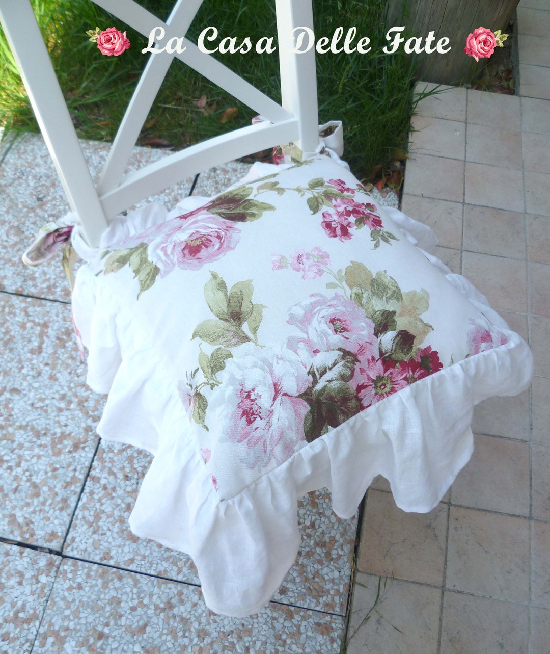 Custom Floral Chair Cushion Cover With Linen Frill, Seat Cushion With