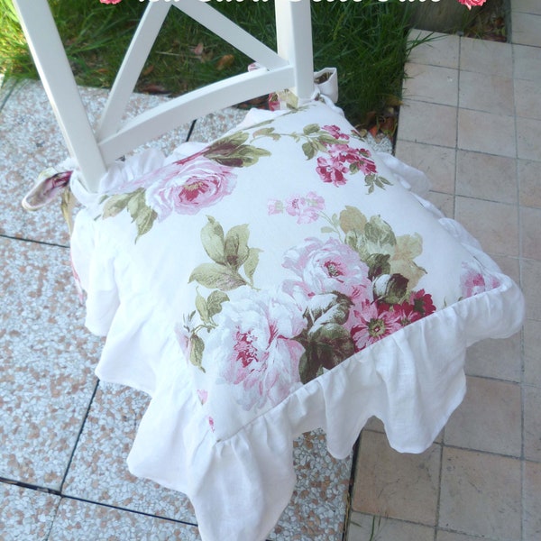 Housse de coussin de chaise sur mesure en tissu fleuri avec volant en lin, coussin avec volant pour assise de chaise, coussin de chaise shabby-chic