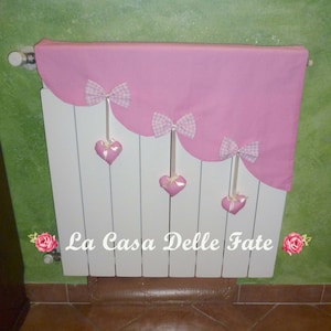 Shabby-chic pink radiator cover scaled waves with bows and hanging hearts, bedroom radiator covers, radiator protection with hanging hearts