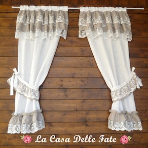 Couple of curtain panels, white linen window curtains with valance frill and tulle lace, custom lace curtain, French style curtains