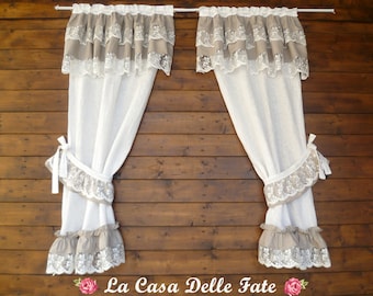 Couple of curtain panels, white linen window curtains with valance frill and tulle lace, custom lace curtain, French style curtains