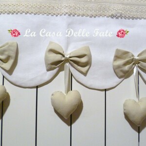 Shabby-chic radiator cover wave cut with bows and hanging hearts, white beige radiator covers, lace radiator protection with hanging hearts image 4
