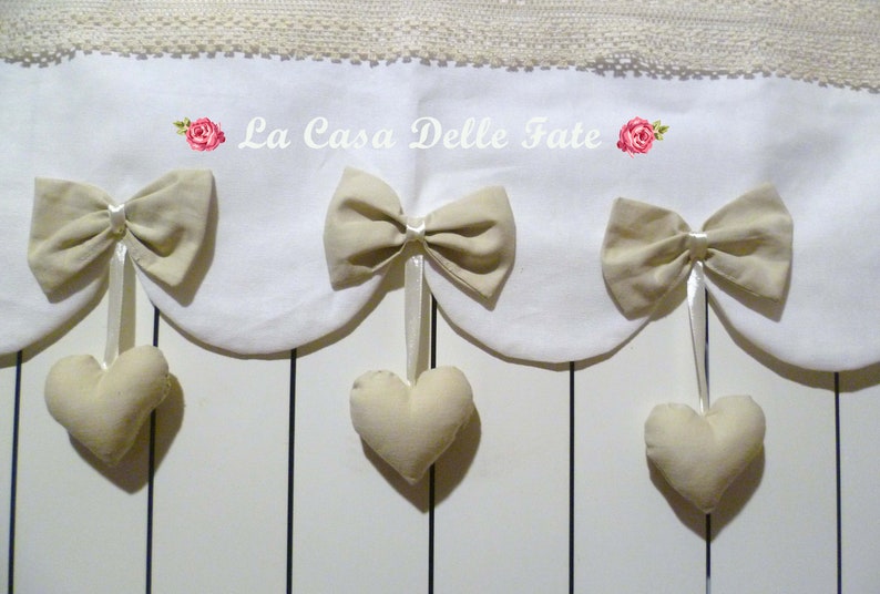 Shabby-chic radiator cover wave cut with bows and hanging hearts, white beige radiator covers, lace radiator protection with hanging hearts image 4