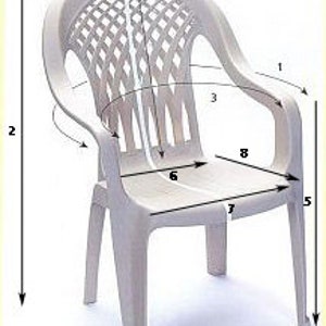 May include: White plastic chair with a lattice-style back and armrests. The chair has a seat width of 46 cm and a seat depth of 41 cm.