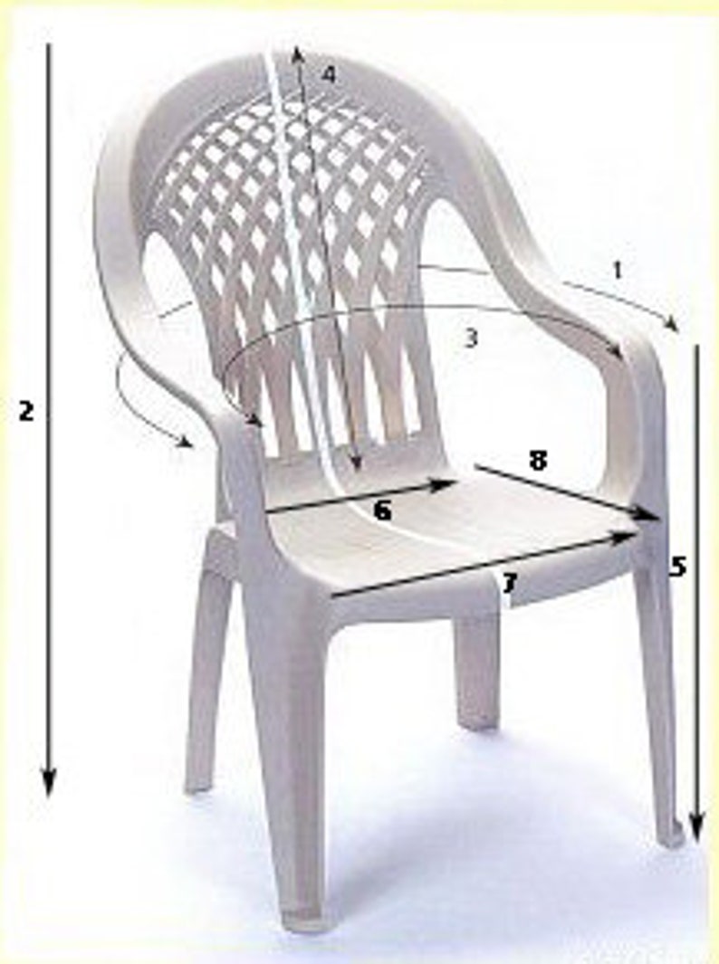 May include: White plastic chair with a lattice-style back and armrests. The chair has a seat width of 46 cm and a seat depth of 41 cm.