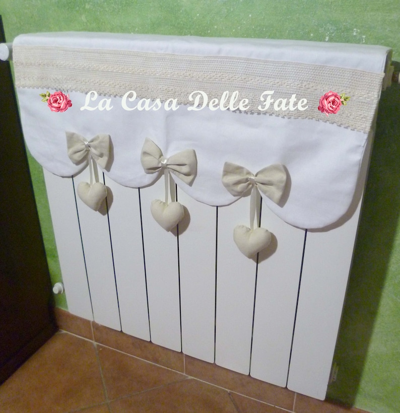 Shabby-chic radiator cover wave cut with bows and hanging hearts, white beige radiator covers, lace radiator protection with hanging hearts image 2