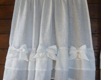 Shabby chic linen curtains with three ruffles and decorative bows, custom romantic curtains with a choice of lengths