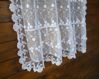 Rideau de fenêtre sur mesure en tulle brodé blanc, rideau shabby chic à volant, rideau en dentelle blanche