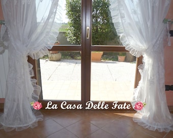 Shabby-chic white embroidered organdie curtain with frill and tiebacks, romantic two panels curtain with ruffles and embroidered tulle lace