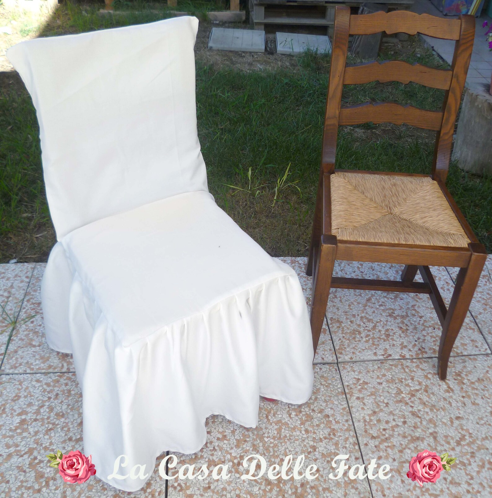 White Chair Cover With Skirt, Shabbychic Chair Cover With Bow,wedding