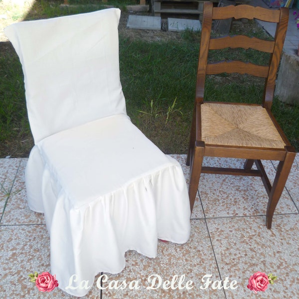 Housse de chaise blanche à volant, housse de chaise blanche shabby-chic, doublure pour chaise de cérémonie, housse de chaise de mariage shabby-chic