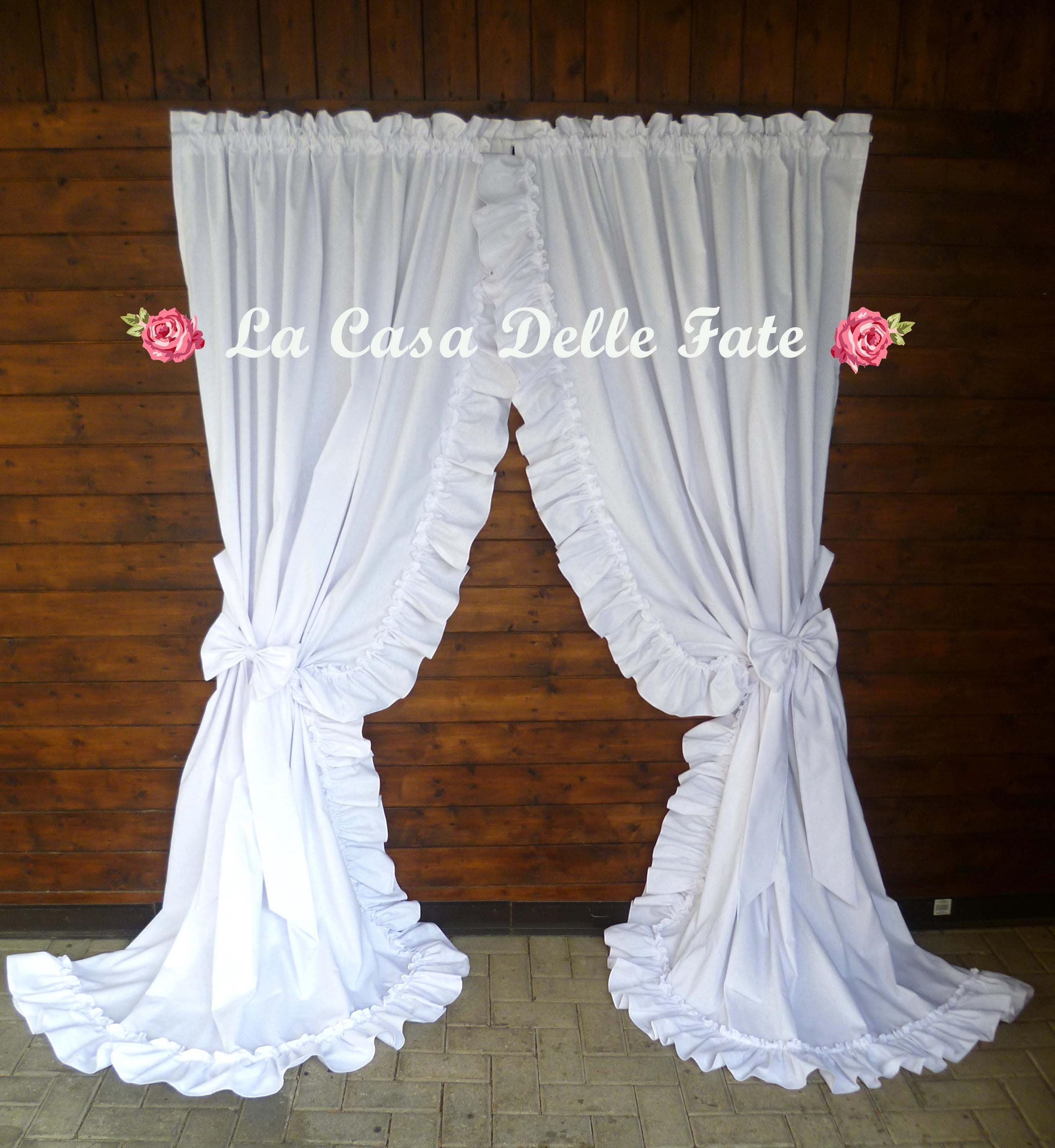 Cottage ruffled curtain, Custom shabby-chic curtain with ruffled frill and bows tiebacks, two panels curtain