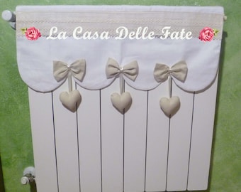 Shabby-chic radiator cover wave cut with bows and hanging hearts, white beige radiator covers, lace radiator protection with hanging hearts
