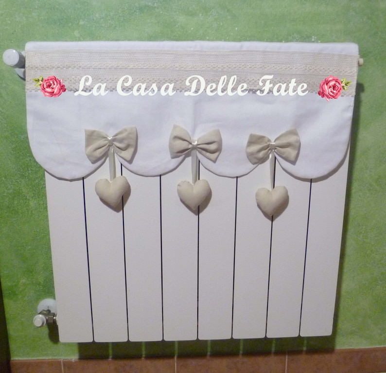 Shabby-chic radiator cover wave cut with bows and hanging hearts, white beige radiator covers, lace radiator protection with hanging hearts image 1