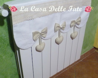 Customized Radiator Cover in Fabric Color of Your Choice Wave Cut With Bows  and Hanging Hearts, Lace Radiator Protection With Hanging Hearts 