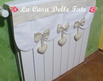 Customized radiator cover in fabric color of your choice wave cut with bows and hanging hearts, lace radiator protection with hanging hearts