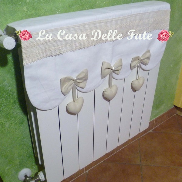 Customized radiator cover in fabric color of your choice wave cut with bows and hanging hearts, lace radiator protection with hanging hearts