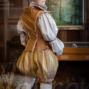 May include: A person wearing a beige Regaliss shirt with brown and gold embroidery, a gold and pink Wizardinn doublet, and gold and pink Tudorinn shorts. The outfit includes white stockings. The background features a wooden wall and a painting.