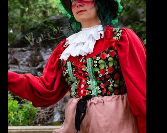 Tuarachh BUSTIER No boning Garden of Strawberries by Val'Rök  cottagecore renaissance  Pink strawberry floral corset jacket rose flower