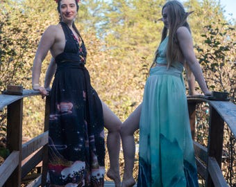 Set SKYTAINN sheer  wrap pants and halter top in mythical mountain print chiffon by Val'Rök *made to order*