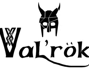 May include: A black graphic logo featuring the text Val'rök in a stylized font. The letter V incorporates a woven knot pattern. Above the text is a black helmet icon composed of geometric, fragmented shapes on a white background.