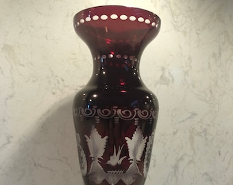 Vintage Czech Egermann Ruby Red Etched Cut Clear Glass 11" Vase Bird/Castle 1940’s