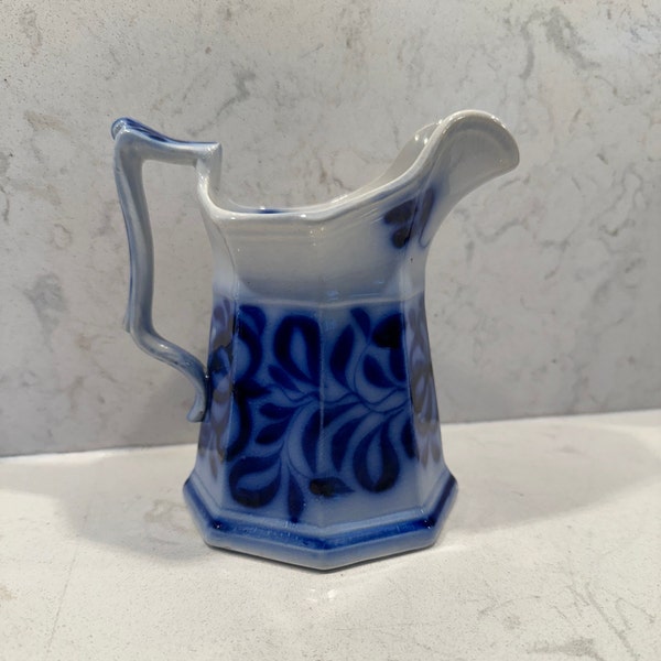 Lovely Old Flow Blue Ironstone 8-Paneled Pitcher Gothic Style England 1850s