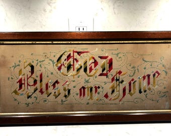 1800&#39;s “God Bless Our Home” Lovely Old Wood Framed Punch Paper Motto