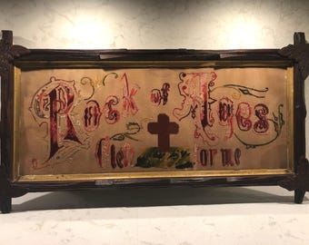 1800&#39;s “Rock Of Ages Cleft For Me” Cross , Lovely Adirondack Framed Punch Paper Motto Sampler