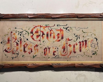 1800&#39;s “God Bless Our Home” Lovely Adirondack Framed Punch Paper Motto