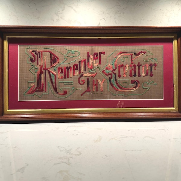 1800's "Remember Thy Creator" Punch Paper Motto, Walnut Frame