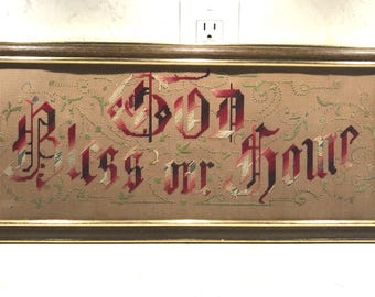 1800&#39;s “God Bless Our Home” Lovely Old Wood Framed Punch Paper Motto