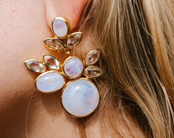 Heavy Drop Moonstone Earrings in Gold Plated Sterling Silver