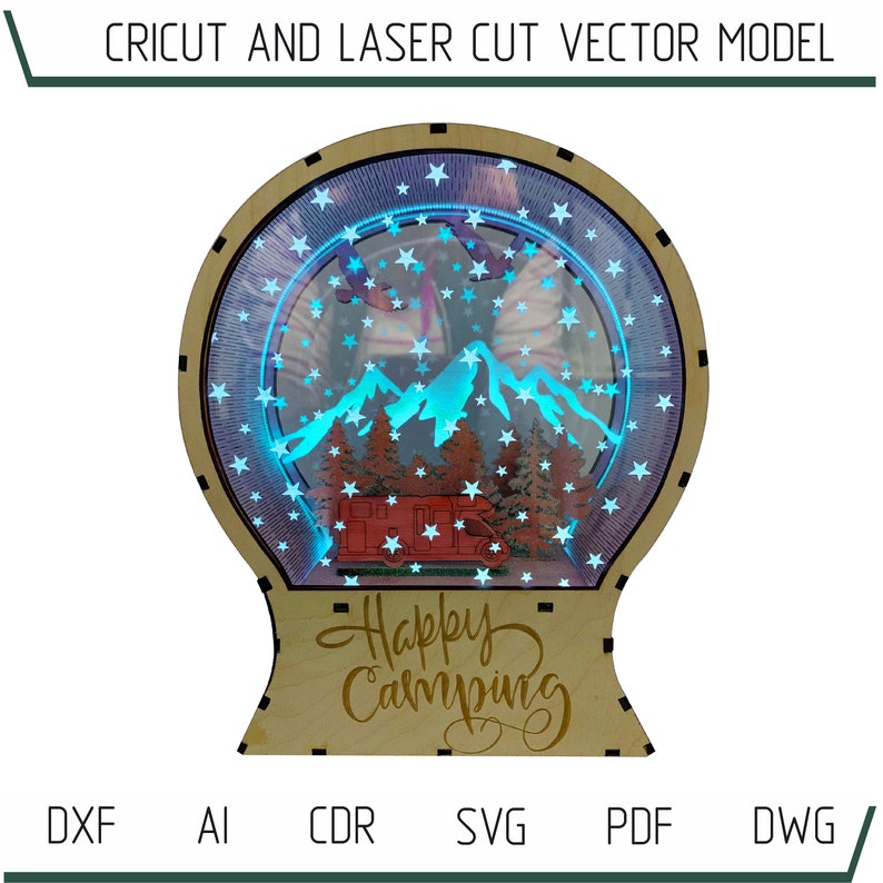 Download DXF files for laser LED Big Snow Globe Happy Camping svg ...