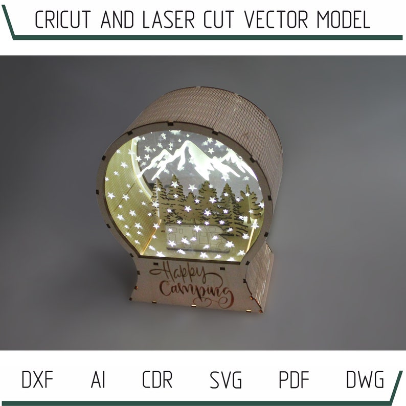 Download DXF files for laser LED Big Snow Globe Happy Camping svg ...