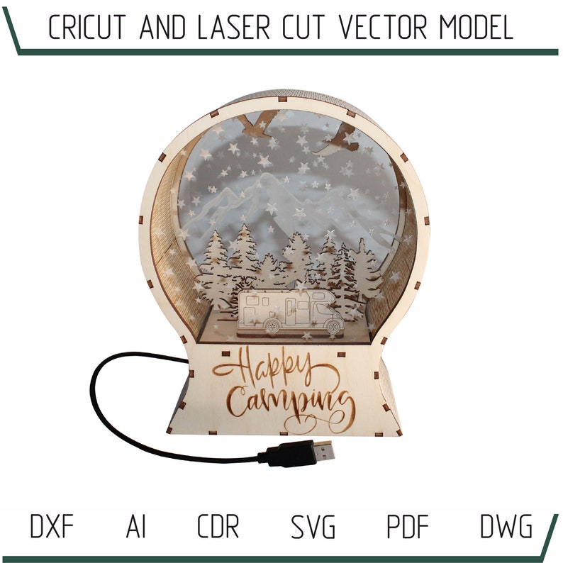 Download DXF files for laser LED Big Snow Globe Happy Camping svg ...