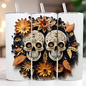 Day of the Dead 3D sugar skulls Floral Skulls Tumbler Wrap PNG Florals 20 oz Tumbler Wrap Digital File Tumbler Wrap  Dia de Los Muertos