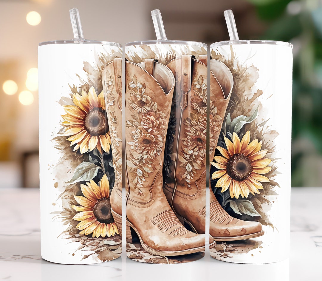Sunflower Cowgirl Boots Tumbler Wrap PNG Western Sunflowers Tumbler ...