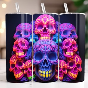 Colorful 3D Skull tumbler Neon Glow in The Dark 20 oz Skinny Tumbler Sublimation Design neon skull tumbler Straight&Tapered Tumbler Wrap PNG