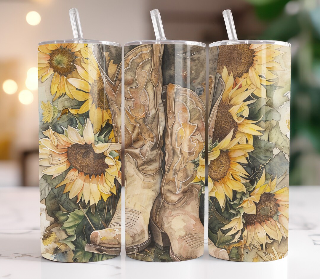 Sunflower Cowgirl Boots Tumbler Wrap PNG Floral Boots Cowgirl Tumbler ...