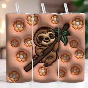 3D Sloth bubble Puff 20oz Sublimation Tumbler Digital Download 3D Cute Sloth Flowers Inflated Tumbler Wrap inflated 3D tumbler wrap PNG