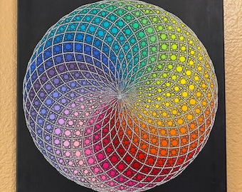 May include: A rectangular canvas painting featuring a large circular mandala design composed of numerous small, multi-colored dots. The dots transition through a full spectrum of colors, arranged in a swirling, geometric grid pattern on a black background.